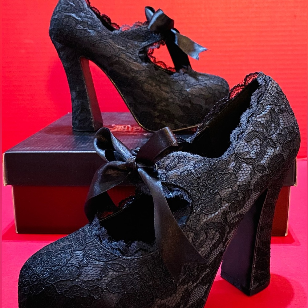 Demonia “Demon-11” Black Satin, Black Lace Platform Mary Jane Pumps
